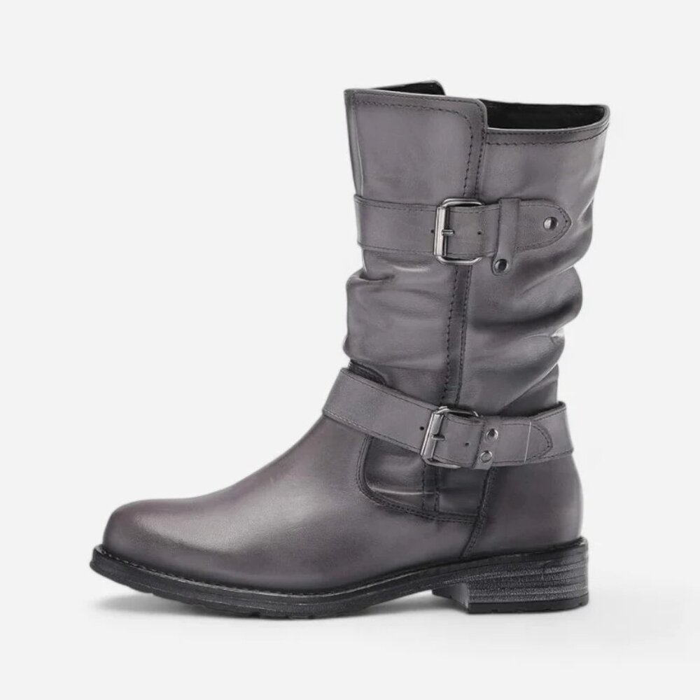 NEW Eric Michael Women Noelle Grey Strap Buckle Zipper Mid Calf Motorcycle Boot - Picture 2 of 5